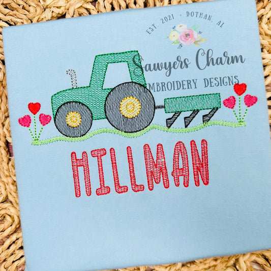 BUNDLE Tractor heart flowers with & without bow sketch stitch machine embroidery design file, bean stitch, farming plow, love XOXO be mine