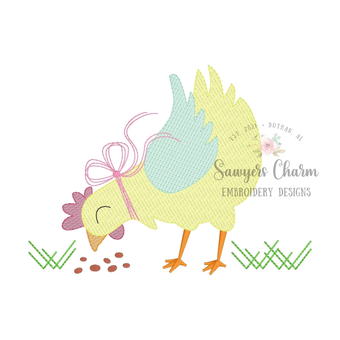 Sweet Chicken with bow sketch stitch machine embroidery design file, bean stitch, quick stitch, farm animal, feed, spring grass hen, summer