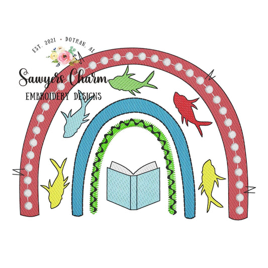 Reading book rainbow with fish sketch stitch machine embroidery design file quick stitch, bean stitch Read Across America, cat hat whimsical