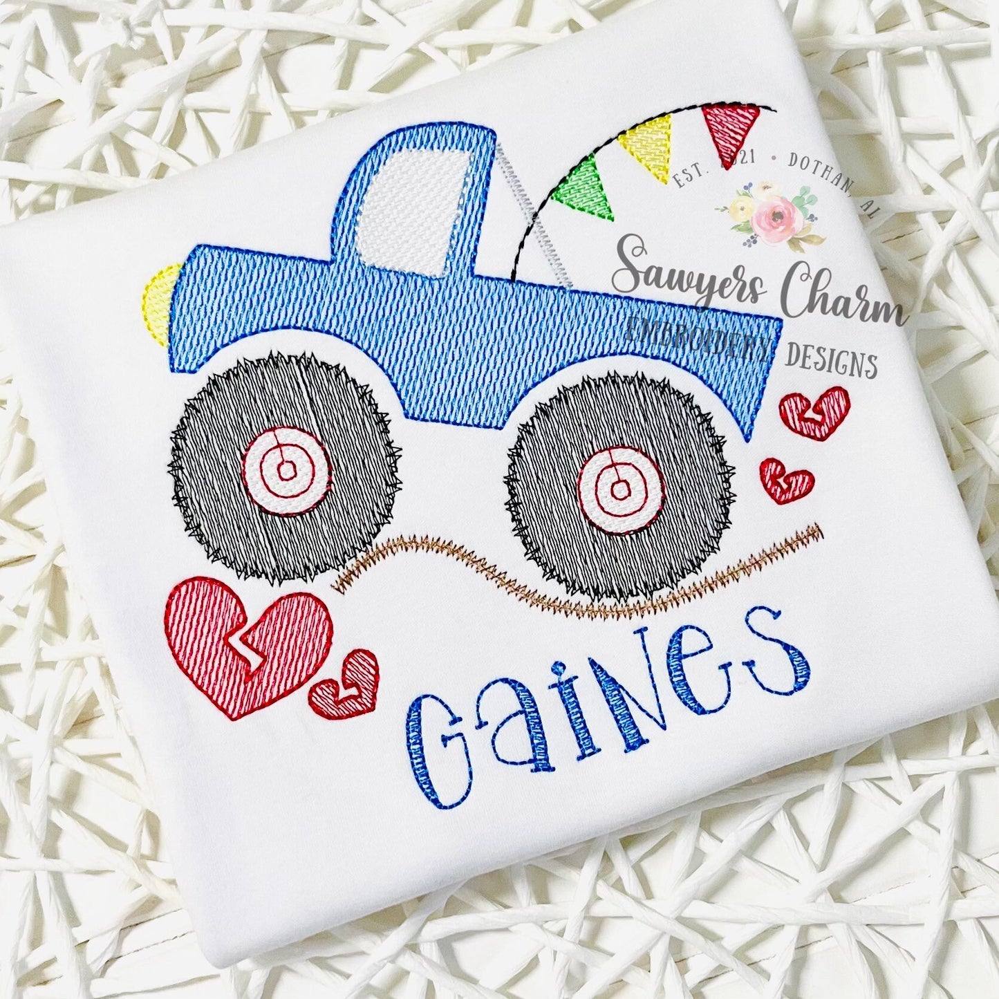 Monster truck with flags & hearts sketch stitch, machine embroidery design file, bean stitch, mudding, dirt, rally, Valentine's Day, be mine