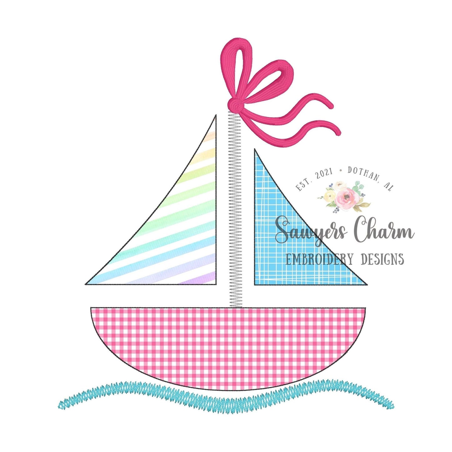 BUNDLE sailboat with & without bow bean stitch and zigzag applique machine embroidery design file, summer nautical beach, water vessel waves