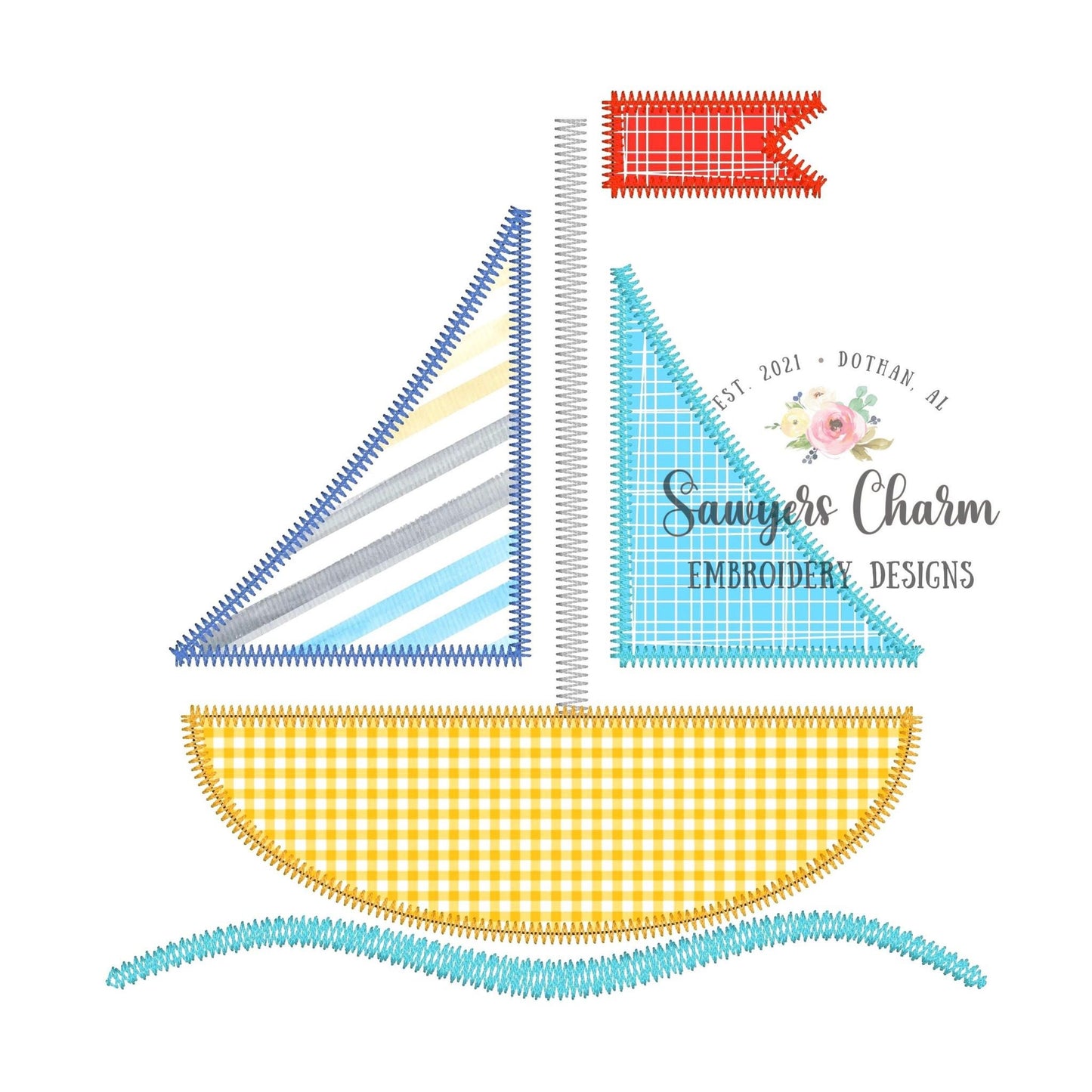 BUNDLE sailboat with & without bow bean stitch and zigzag applique machine embroidery design file, summer nautical beach, water vessel waves