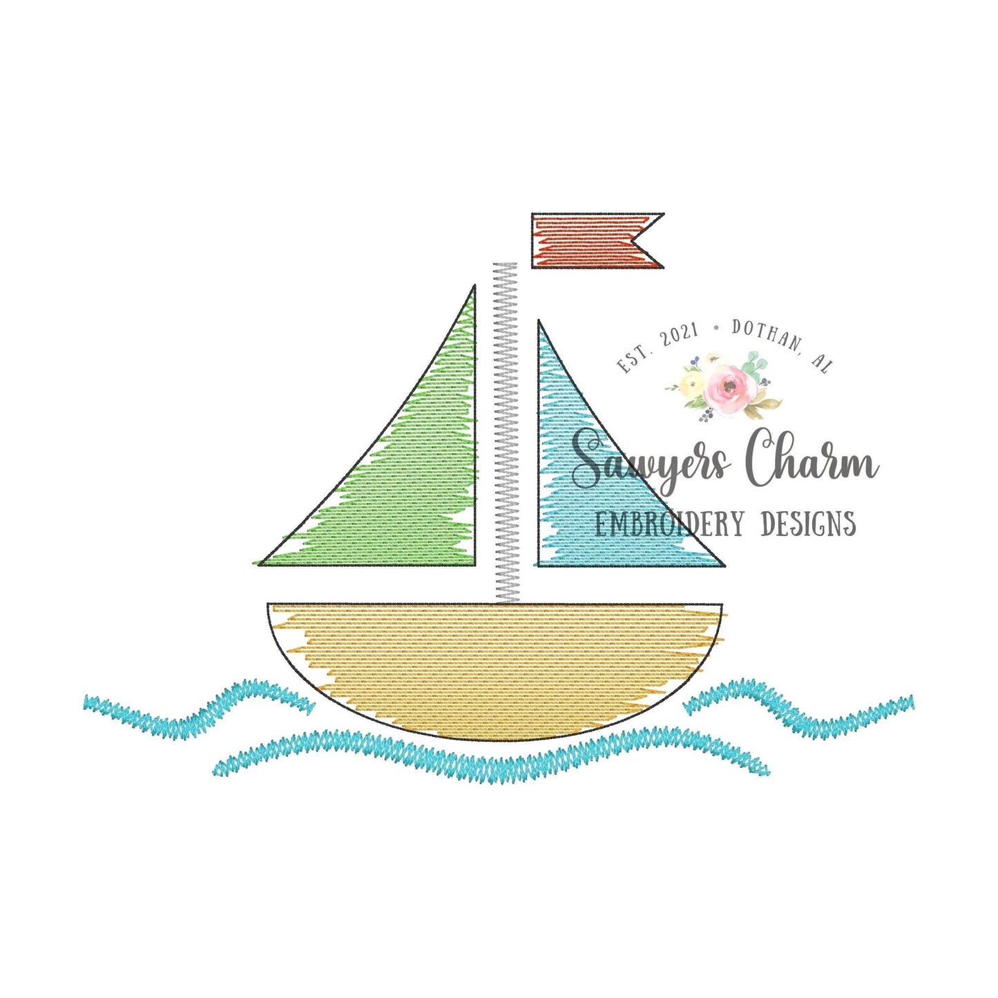 BUNDLE sailboat with & without bow/flag watercolor sketch stitch machine embroidery design file, summer nautical beach, water vessel waves
