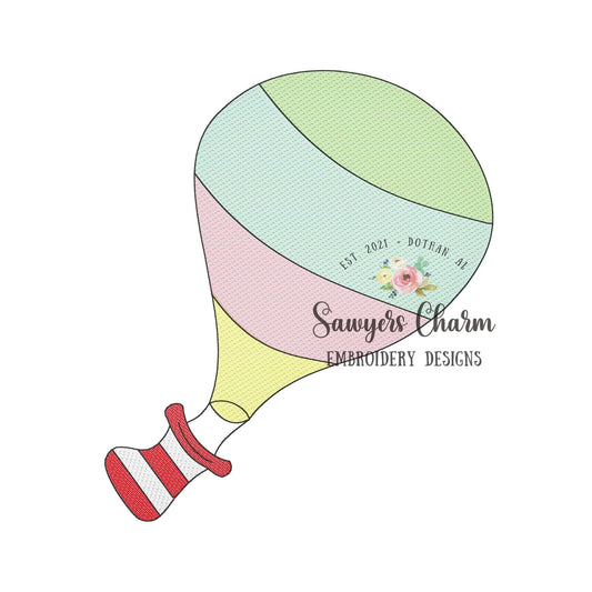 Hot air balloon with striped hat bucket sketch stitch machine embroidery design file quick stitch, bean stitch Read Across America, cat hat