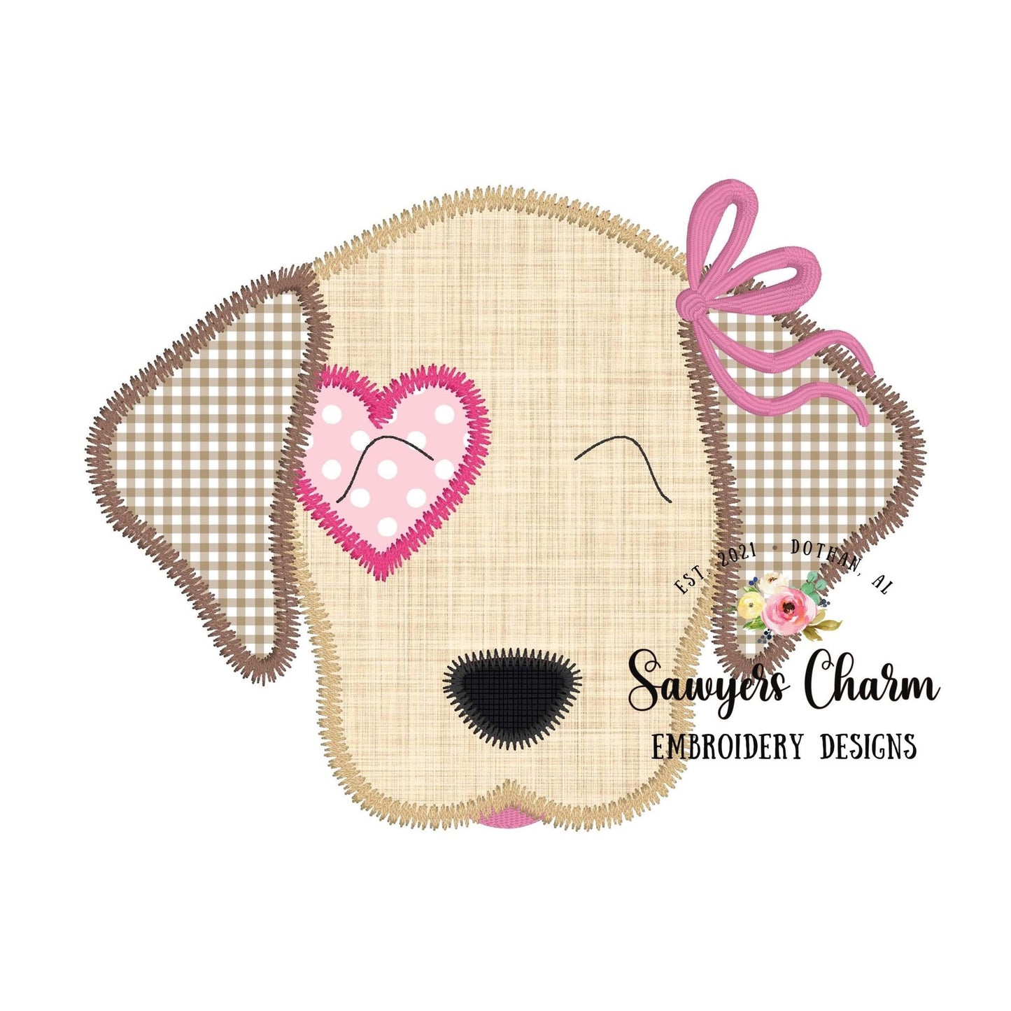 BUNDLE Puppy dog heart patch zig zag applique, machine embroidery design file, with & without bow, quick stitch, lab, XOXO Valentine's Day