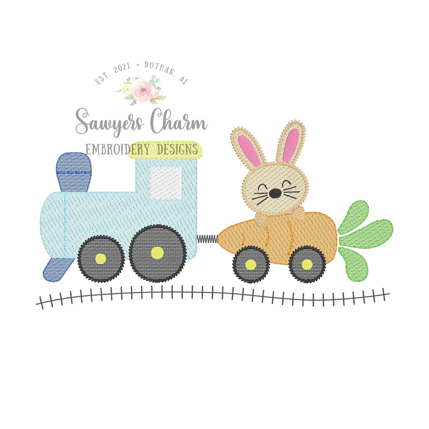 BUNDLE Train carrot car & bunny with and without bow sketch stitch machine embroidery design file, train track, choo choo, Easter rabbit