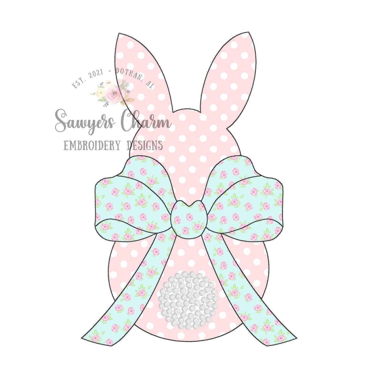 BUNDLE Easter bunny with bow bean & zigzag stitch applique, machine embroidery design file, quick stitch, french knot tail, peter cottontail