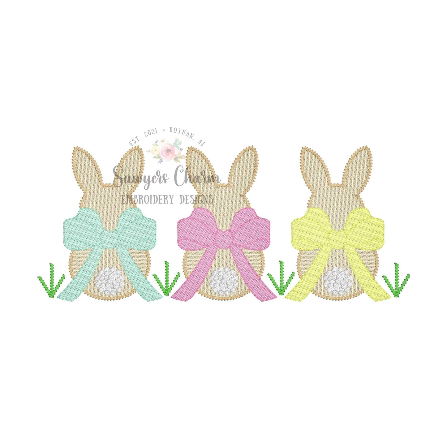 Easter bunnies with coquette bow in grass sketch stitch trio machine embroidery design, quick stitch, French knot tail, peter cottontail