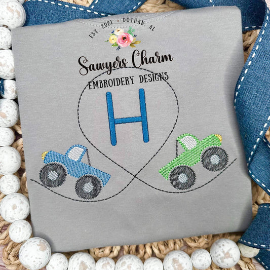 BUNDLE Monogram frame Monster truck duo sketch stitch, machine embroidery design file, bean stitch, heart, shamrock St. Patrick's Day