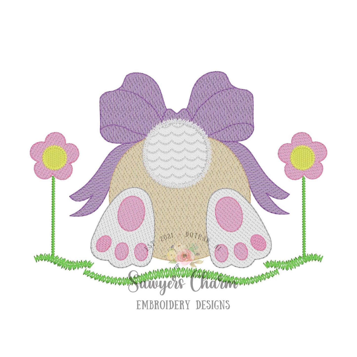 Easter bunny tail with bow grass flowers sketch stitch machine embroidery design file, quick stitch, egg hunt, rabbit, floral spring