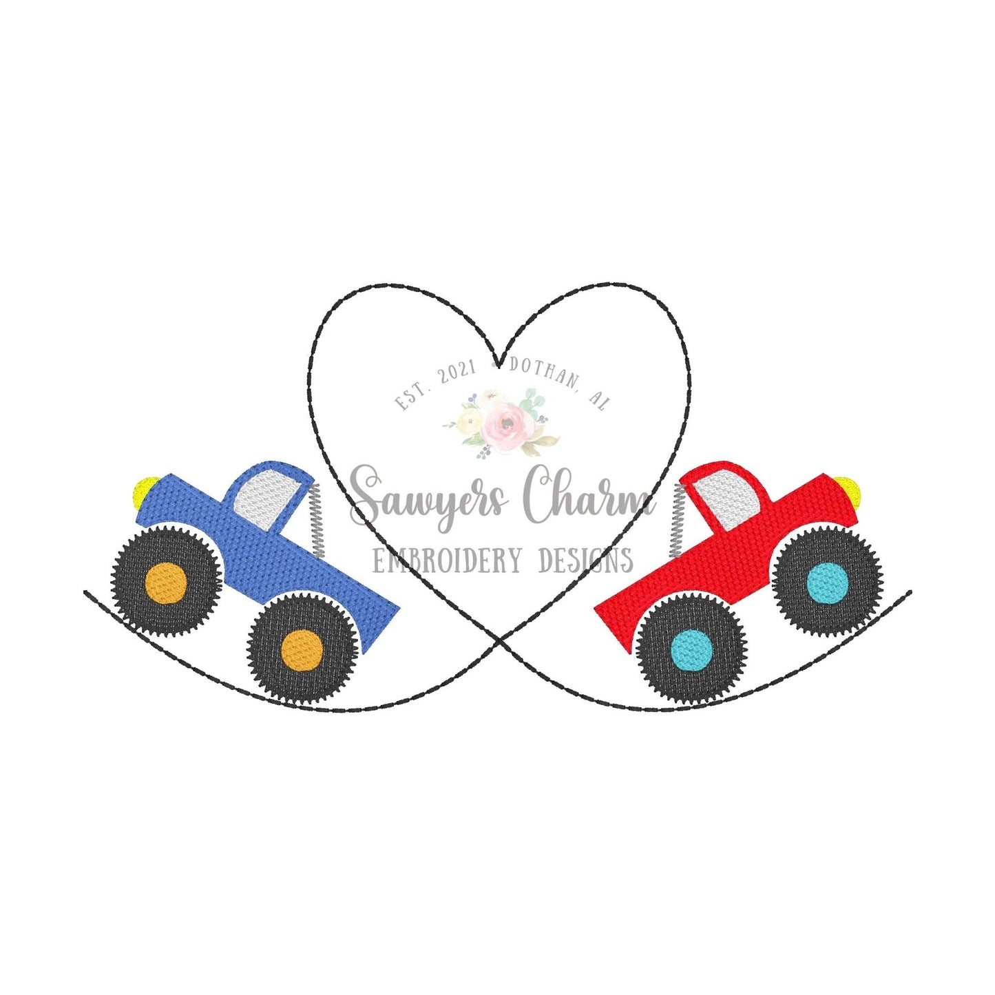 BUNDLE Monogram frame Monster truck duo sketch stitch, machine embroidery design file, bean stitch, heart, shamrock St. Patrick's Day