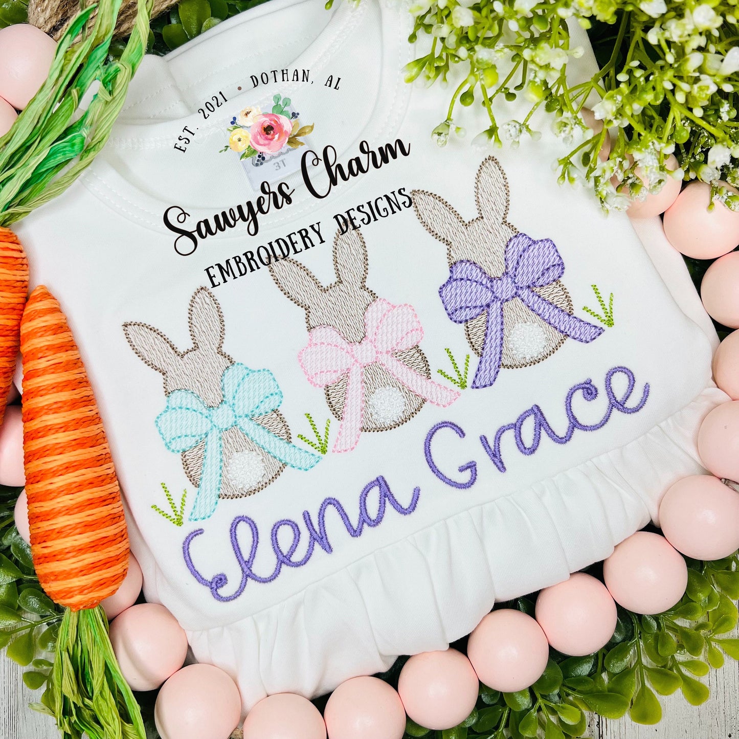 Easter bunnies with coquette bow in grass sketch stitch trio machine embroidery design, quick stitch, French knot tail, peter cottontail
