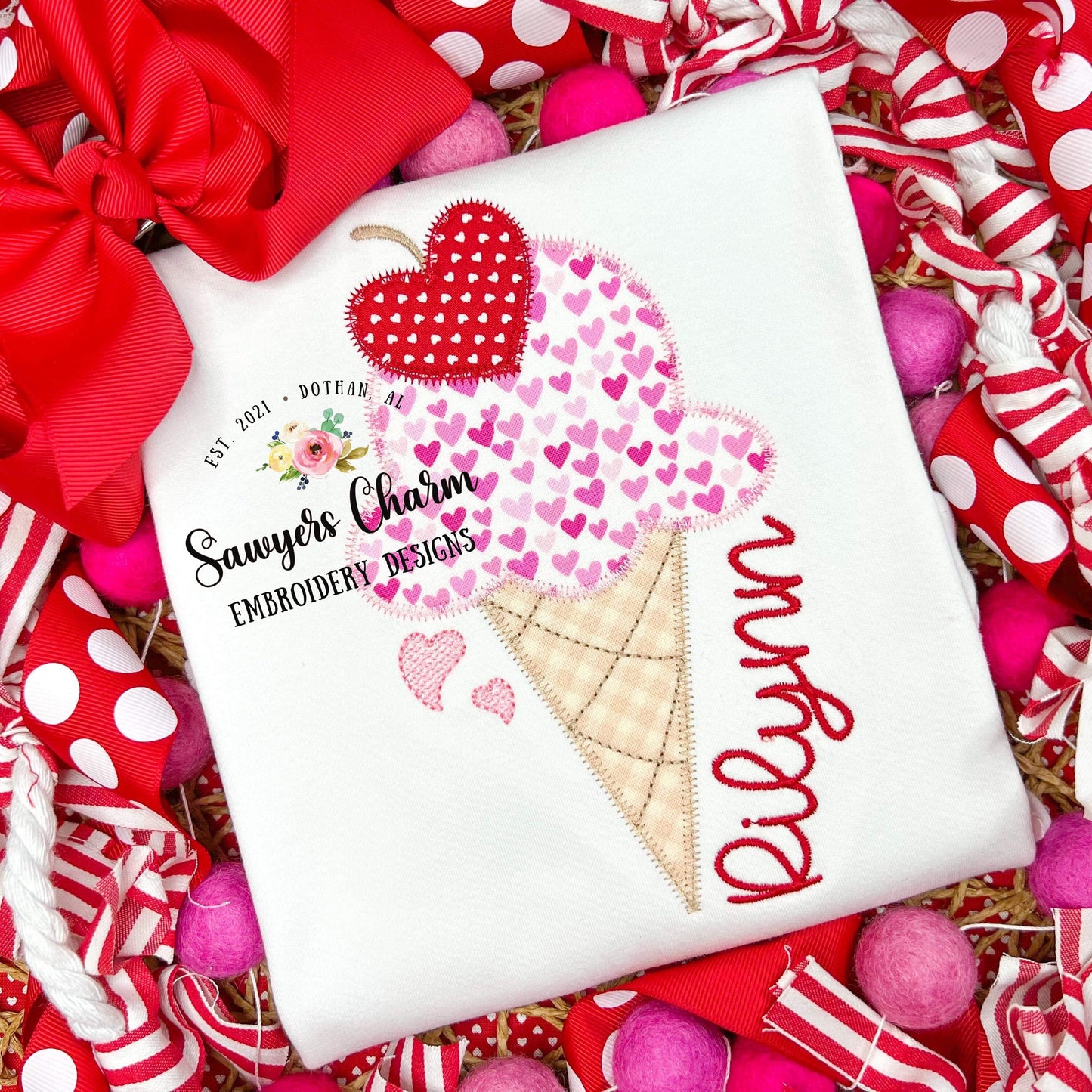 BUNDLE Ice cream cone with heart cherry bean & zigzag stitch machine applique embroidery design file, love sprinkles Valentine's Day Be mine