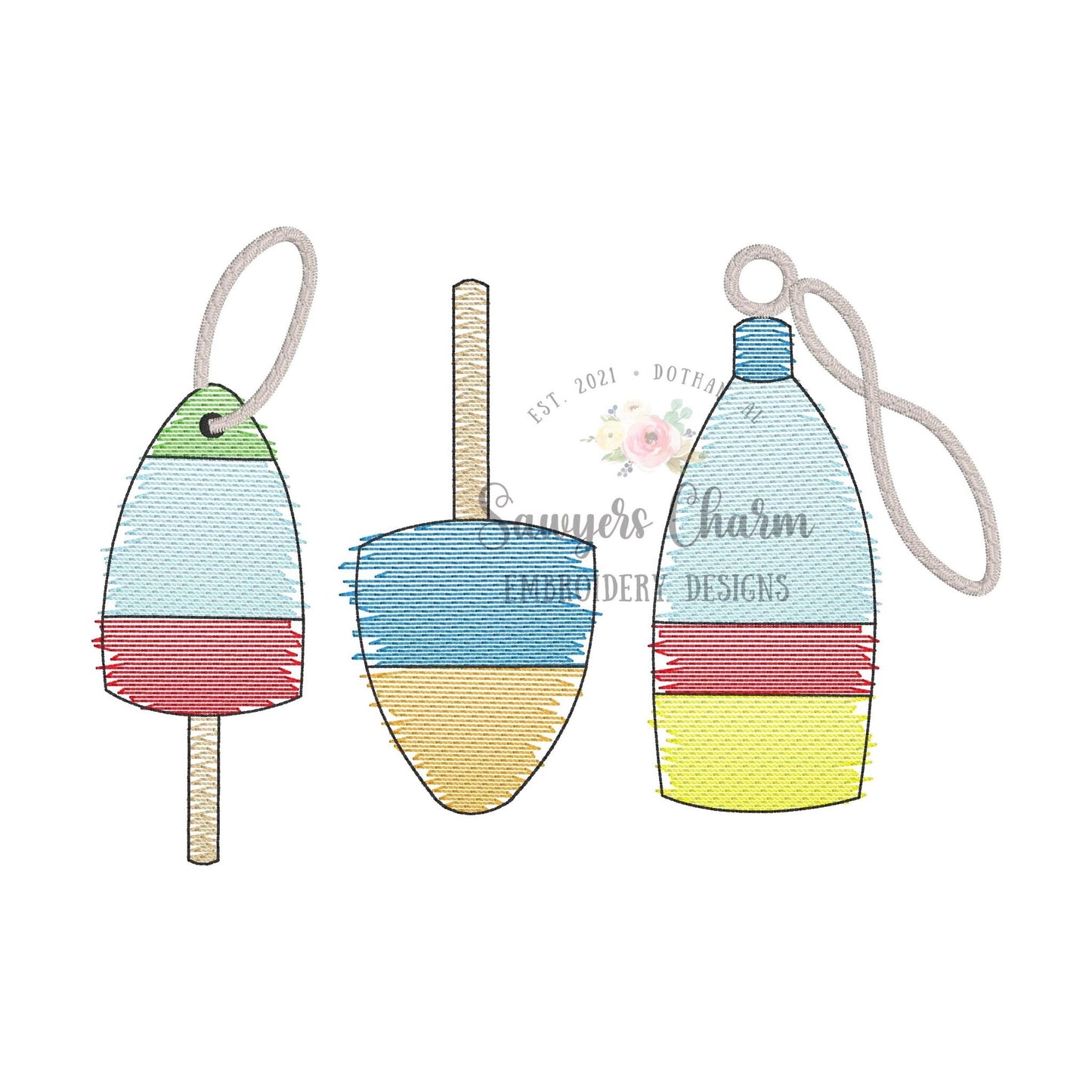 BUNDLE Lobster buoys with & without bow watercolor sketch stitch machine embroidery design file, bean stitch, fishing, nautical, ocean beach