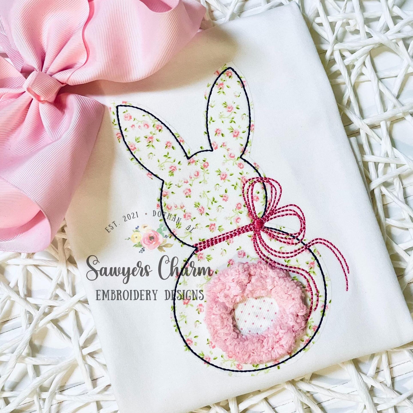 BUNDLE Easter bunny with & without bow bean stitch applique, machine embroidery design file, quick stitch, chenille yarn, egg hunt, rabbit