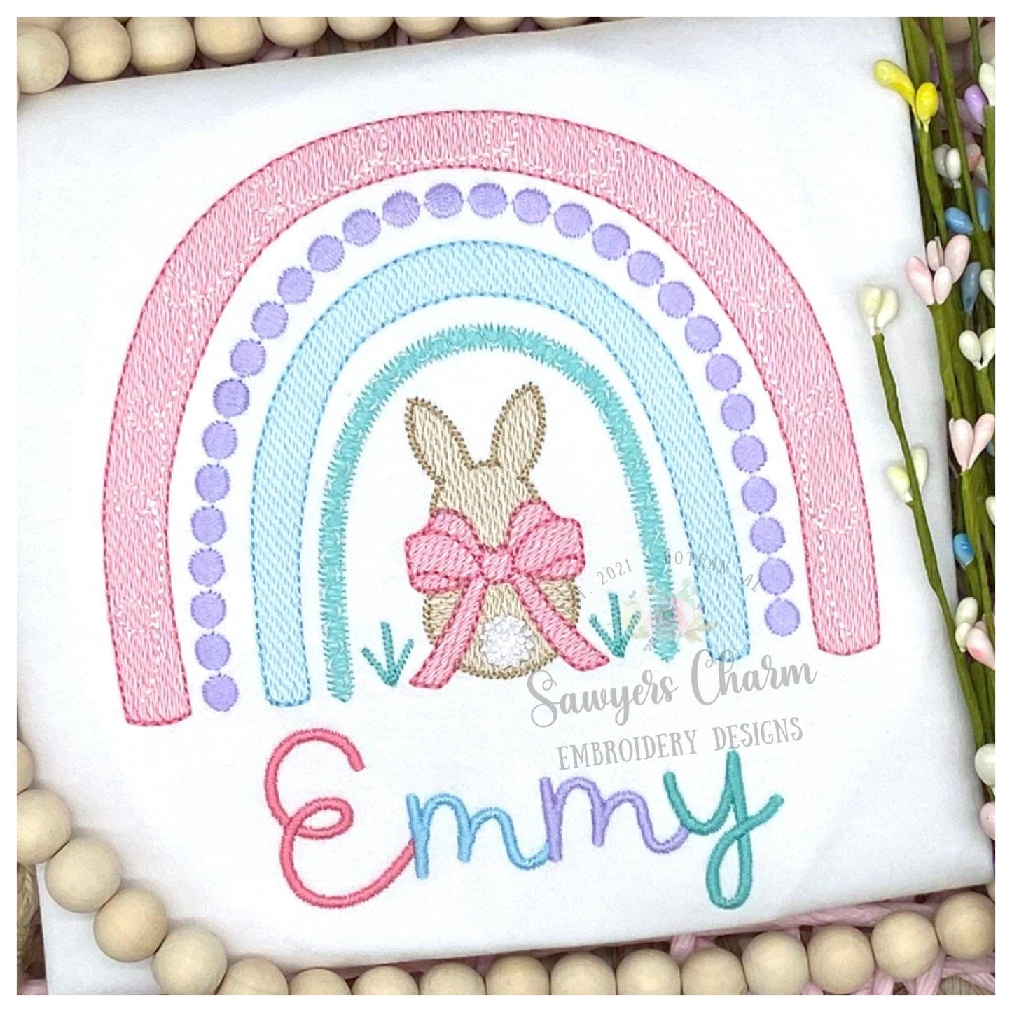 Easter bunny rainbow with bow in grass sketch stitch machine embroidery design file, quick stitch, french knot tail, peter cottontail rabbit