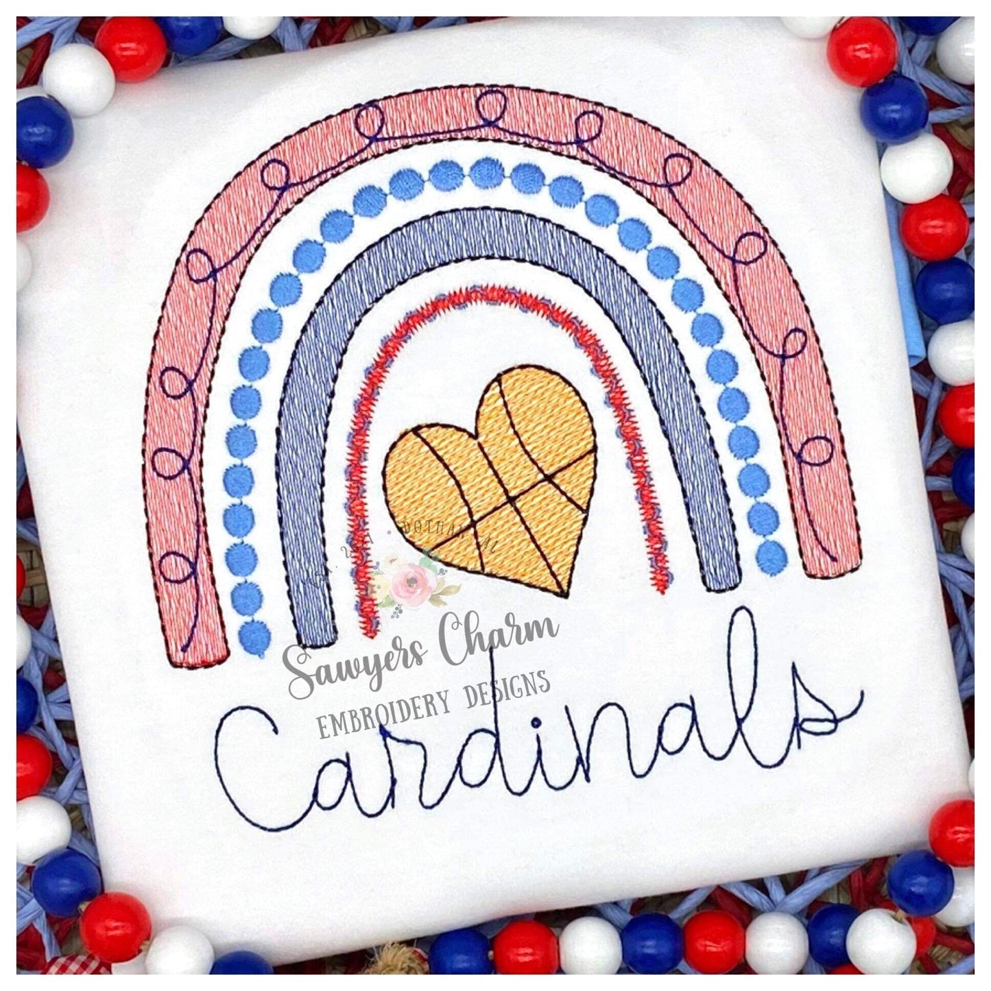 Basketball rainbow heart shaped ball sketch stitch machine embroidery design file, boho, spring, summer, basketball goal, bean stitch