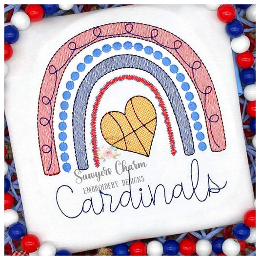 Basketball rainbow heart shaped ball sketch stitch machine embroidery design file, boho, spring, summer, basketball goal, bean stitch