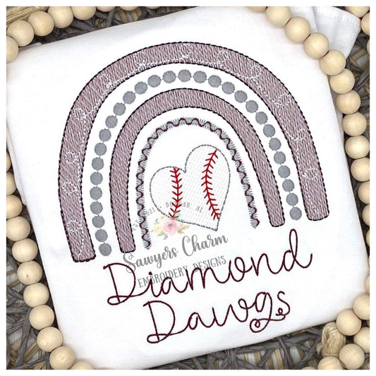 Baseball/softball rainbow, heart shaped ball, sketch stitch machine embroidery design file, boho, spring, summer, sports, bean stitch