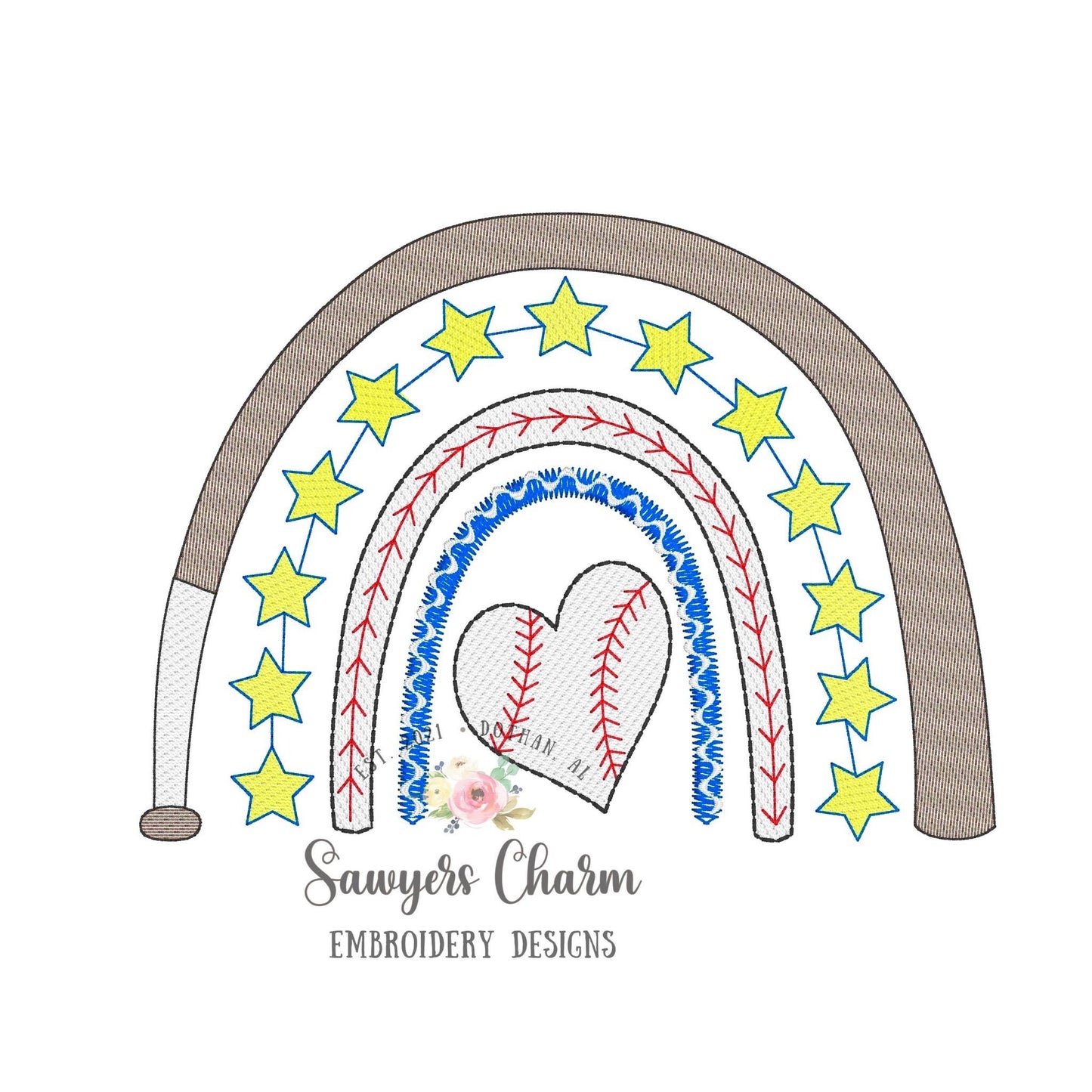 Baseball bat rainbow heart shaped ball sketch stitch machine embroidery design file, spring, summer, all star, little league, pitcher mound