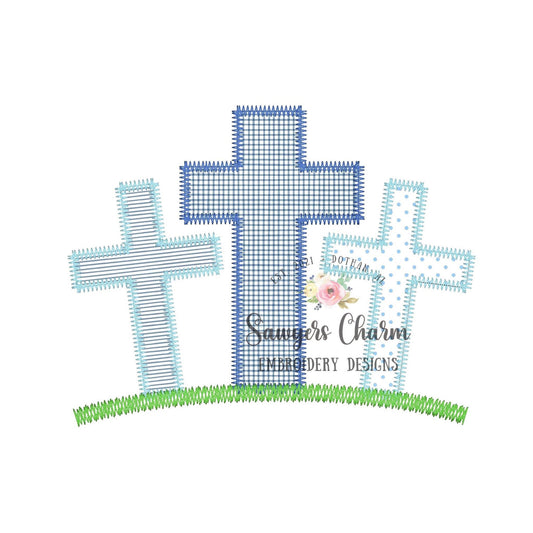 BUNDLE Cross trio zig zag stitch applique, grass with & without daffodils, machine embroidery design file, quick stitch, Easter, He is risen