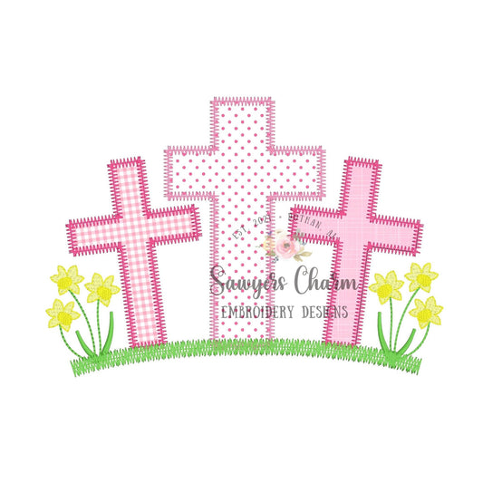 BUNDLE Cross trio zig zag stitch applique, grass with & without daffodils, machine embroidery design file, quick stitch, Easter, He is risen