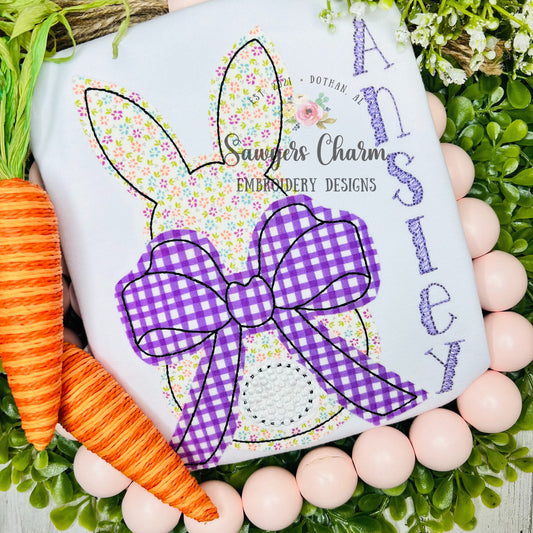 BUNDLE Easter bunny with bow bean & zigzag stitch applique, machine embroidery design file, quick stitch, french knot tail, peter cottontail