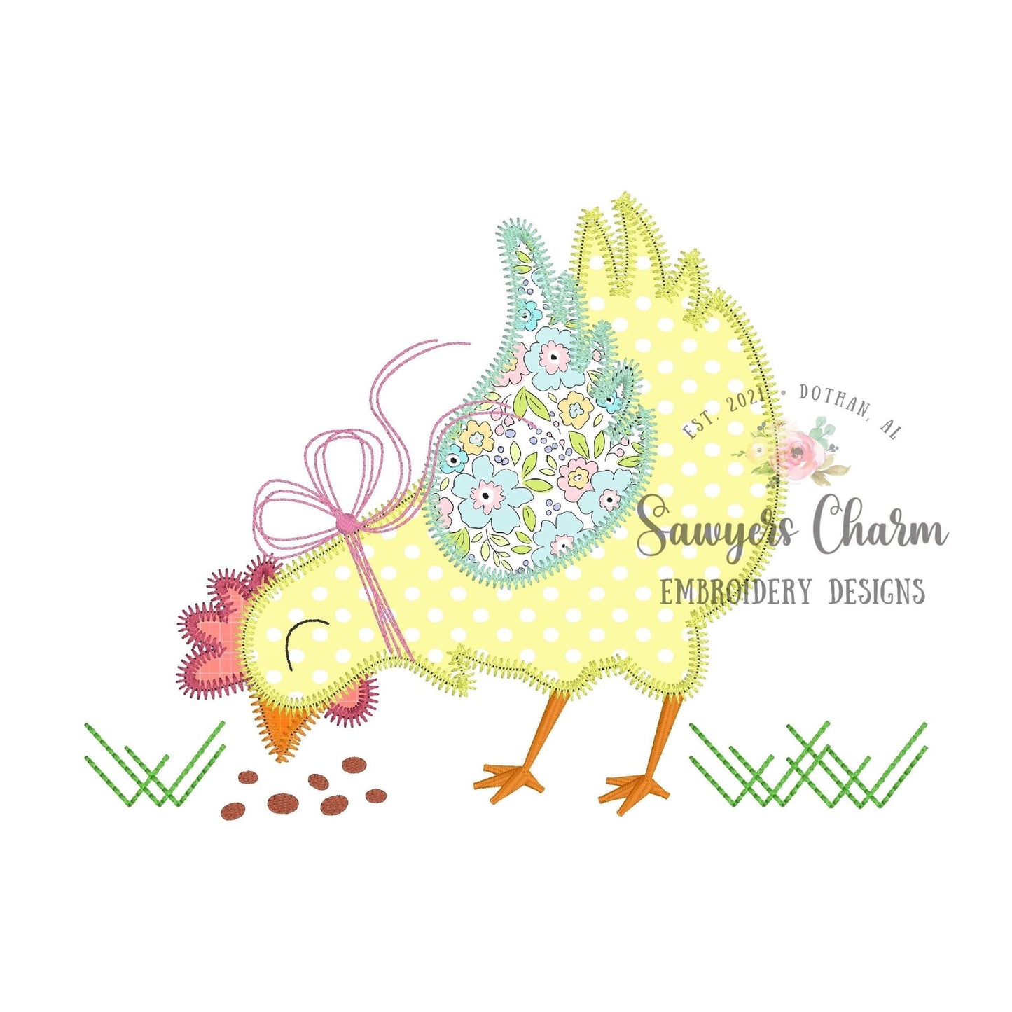 BUNDLE Chicken with bow zig zag & bean stitch applique, machine embroidery design file, quick stitch, farm animal, feed, spring grass hen