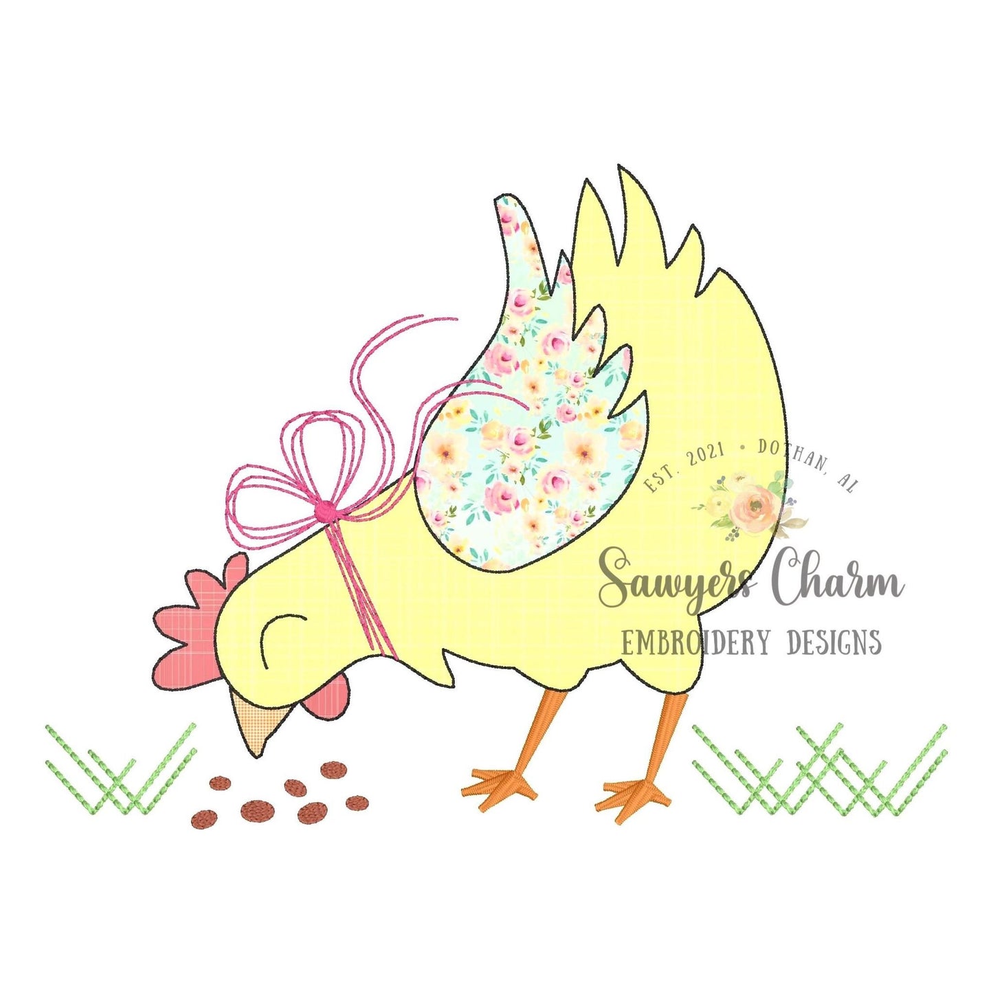 BUNDLE Chicken with bow zig zag & bean stitch applique, machine embroidery design file, quick stitch, farm animal, feed, spring grass hen