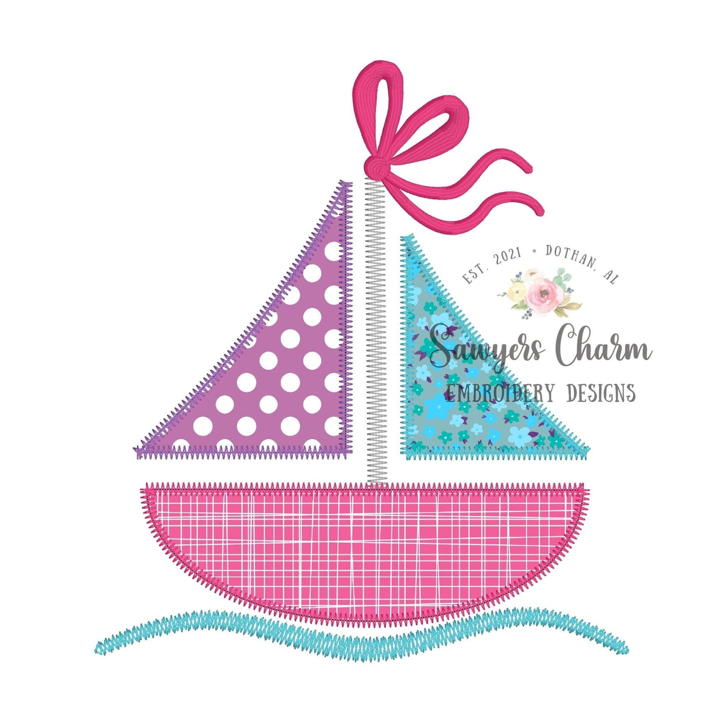 BUNDLE sailboat with & without bow bean stitch and zigzag applique machine embroidery design file, summer nautical beach, water vessel waves