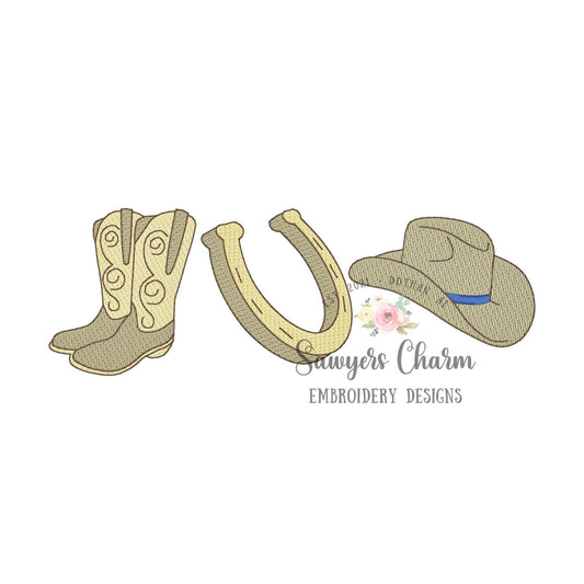 Cowboy boots/horse shoe/hat trio sketch stitch machine embroidery design file, bean stitch, quick stitch, Nashville country music, cowboy