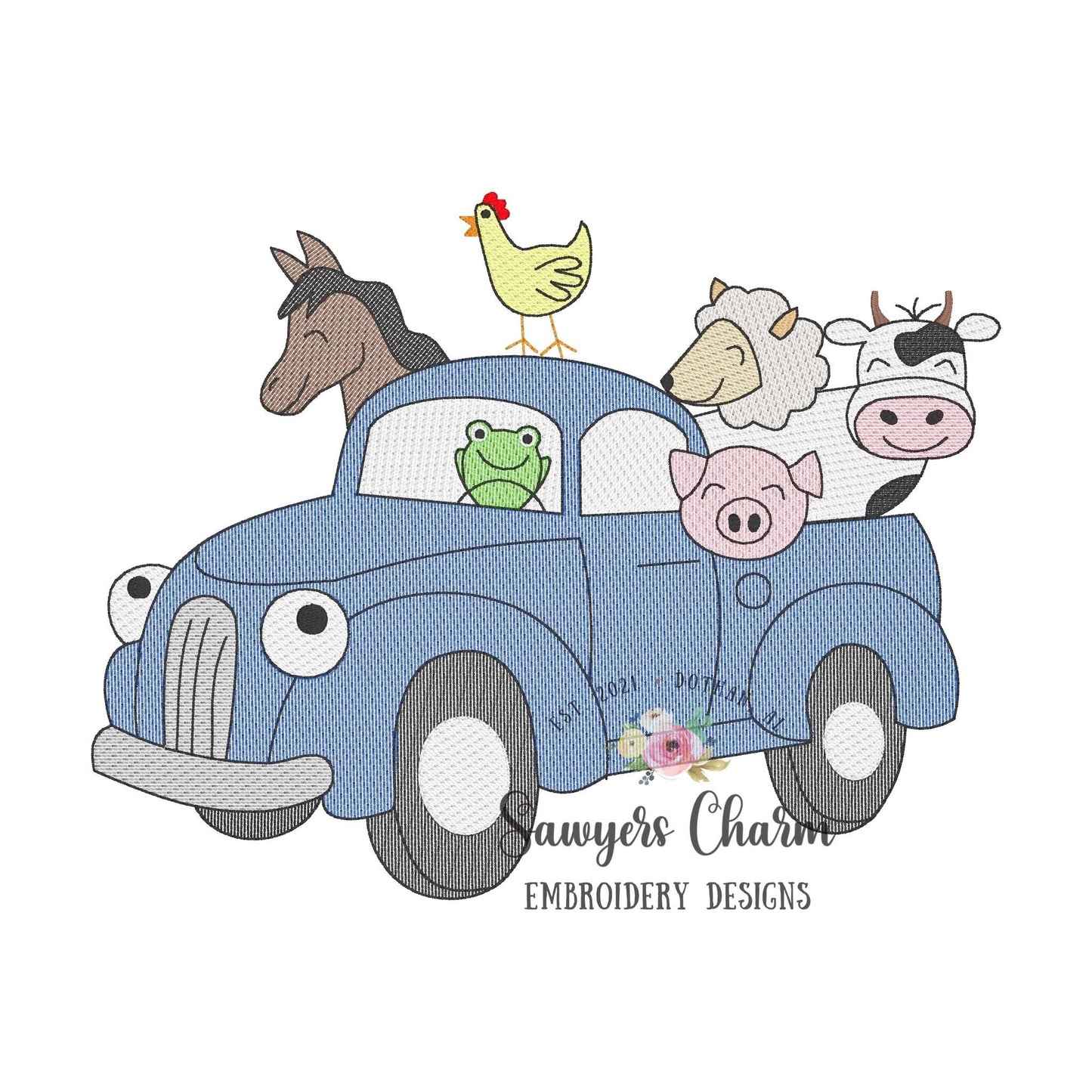 Blue truck with farm animals sketch stitch, machine embroidery design file, bean stitch, transportation, beep beep, oink baa moo, chicken