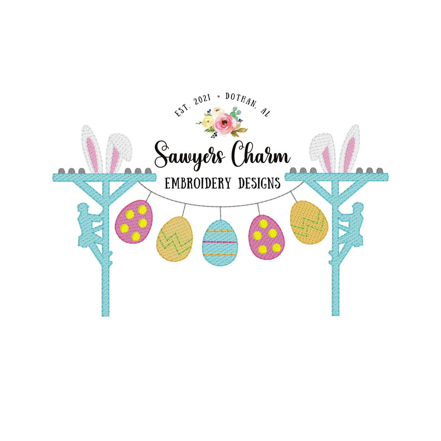 Easter bunny ears lineman with eggs bunting banner, sketch stitch machine embroidery design file, quick stitch, bean stitch, rabbit egg hunt