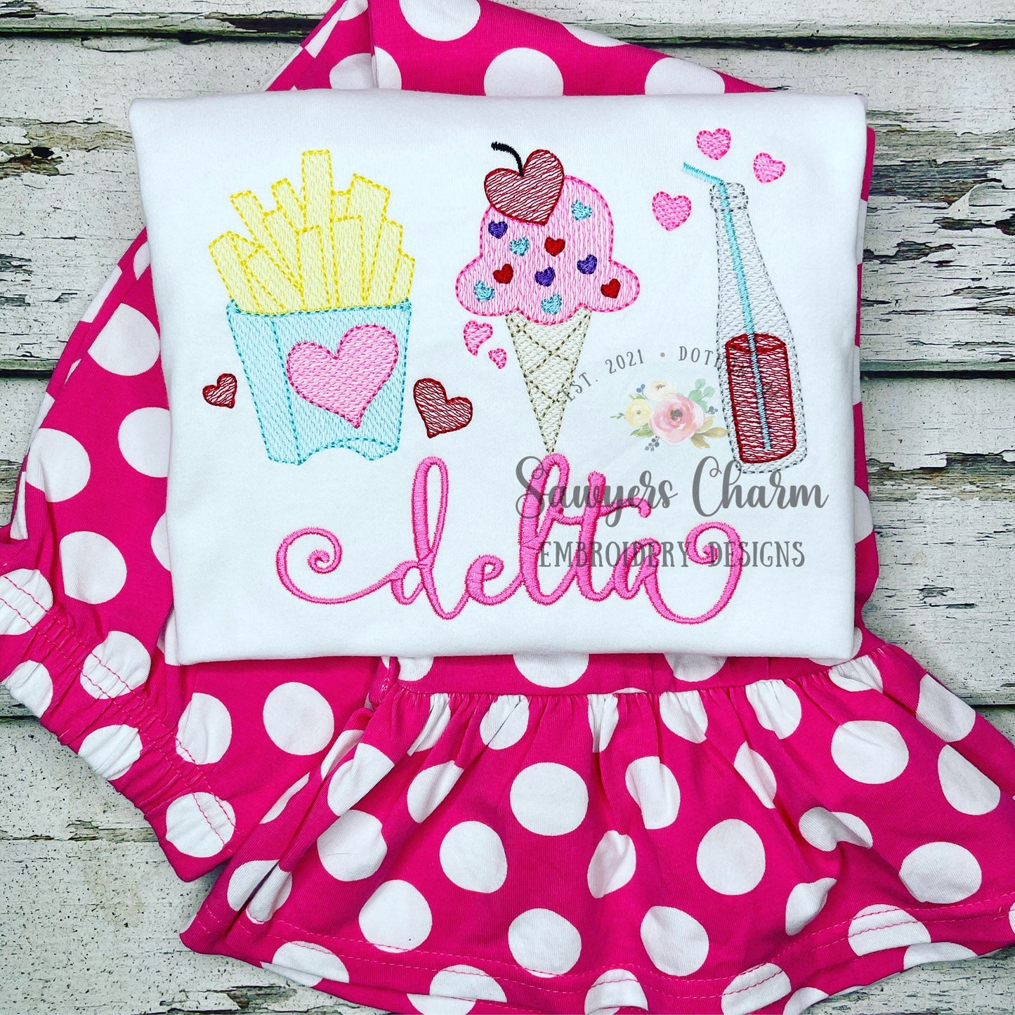 Valentine's Day french fries, ice cream, soda pop hearts trio sketch stitch machine embroidery design file, quick stitch, love fast food