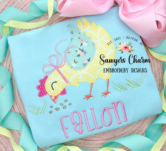 BUNDLE Chicken with bow zig zag & bean stitch applique, machine embroidery design file, quick stitch, farm animal, feed, spring grass hen