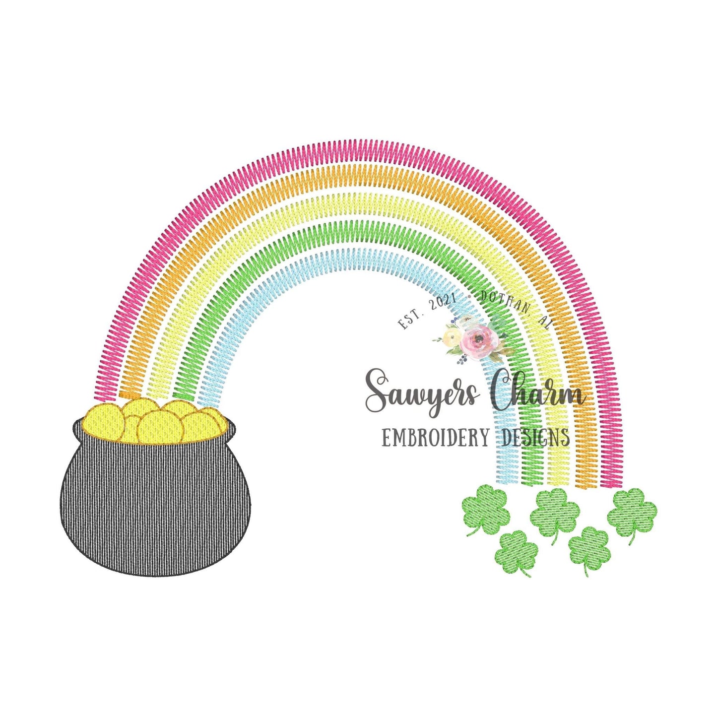 Pot of gold zig zag rainbow shamrocks/clovers sketch stitch machine embroidery design file, quick stitch, St. Patrick's Day, good luck charm
