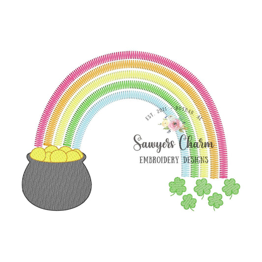 Pot of gold rainbow shamrocks/clovers sketch stitch machine embroidery design, St. Patrick's Day, good luck charm