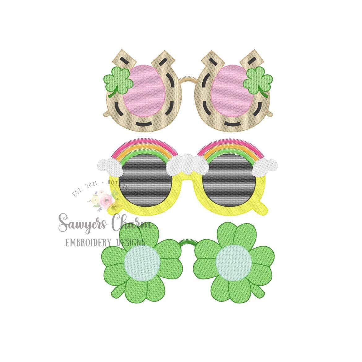 St. Patrick's Day sunglasses trio sketch stitch machine embroidery design file, sunnies, shades, horseshoe, shamrock/clover, rainbow