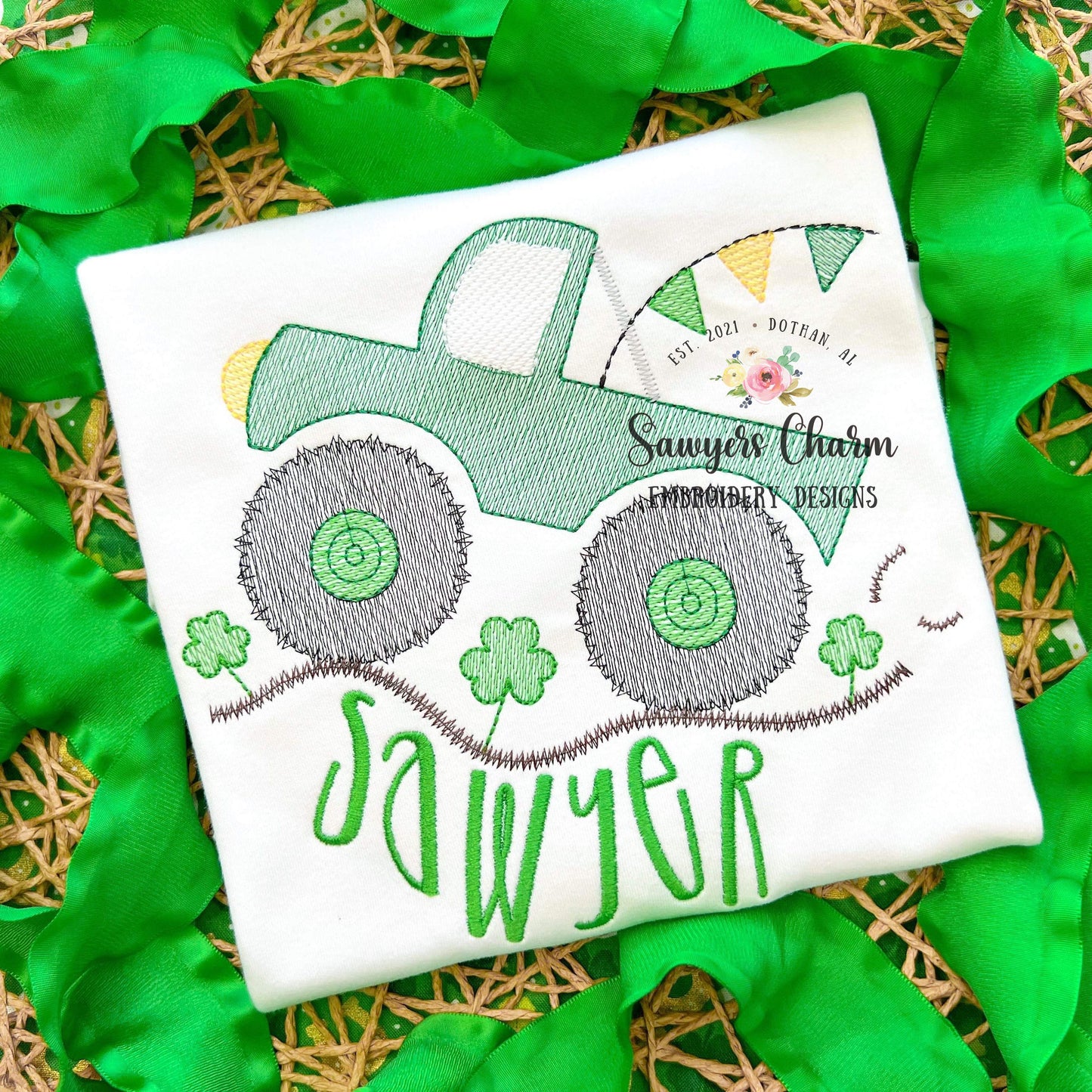 Monster truck with flags & shamrocks sketch stitch, machine embroidery design file, bean stitch, mudding, dirt, rally, St. Patrick's Day