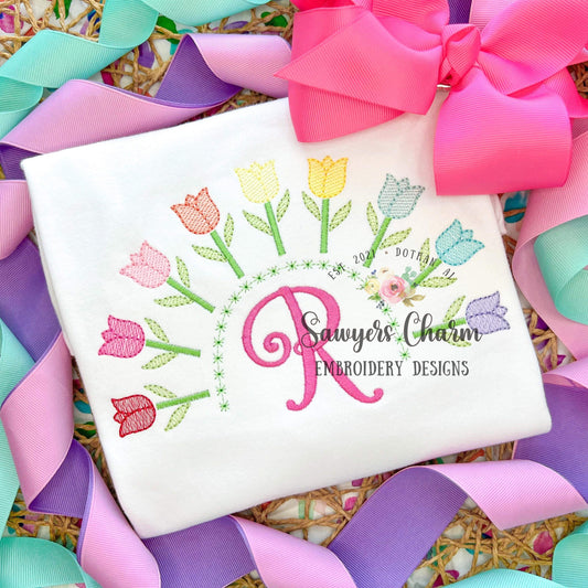 Rainbow tulips sketch stitch machine embroidery design file, quick stitch, spring flowers, bean and satin stitch, summer, floral