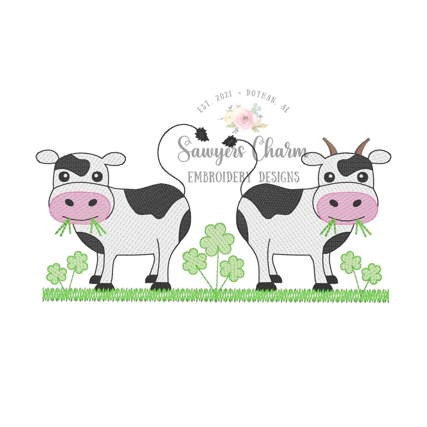 St. Patrick's Day cows with shamrocks/clovers sketch stitch machine embroidery design file, quick stitch, bean stitch farm animals good luck