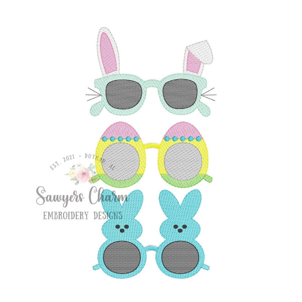 Easter sunglasses trio sketch stitch light fill machine embroidery design file, sunnies, shades, bunny rabbit, peeps candy, egg hunt, spring