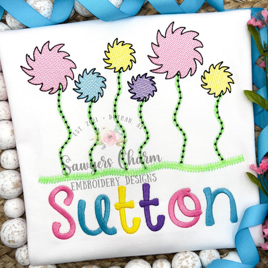 Whimsical flowers sketch stitch machine embroidery design file quick stitch, bean stitch Read Across America, cat hat doctor