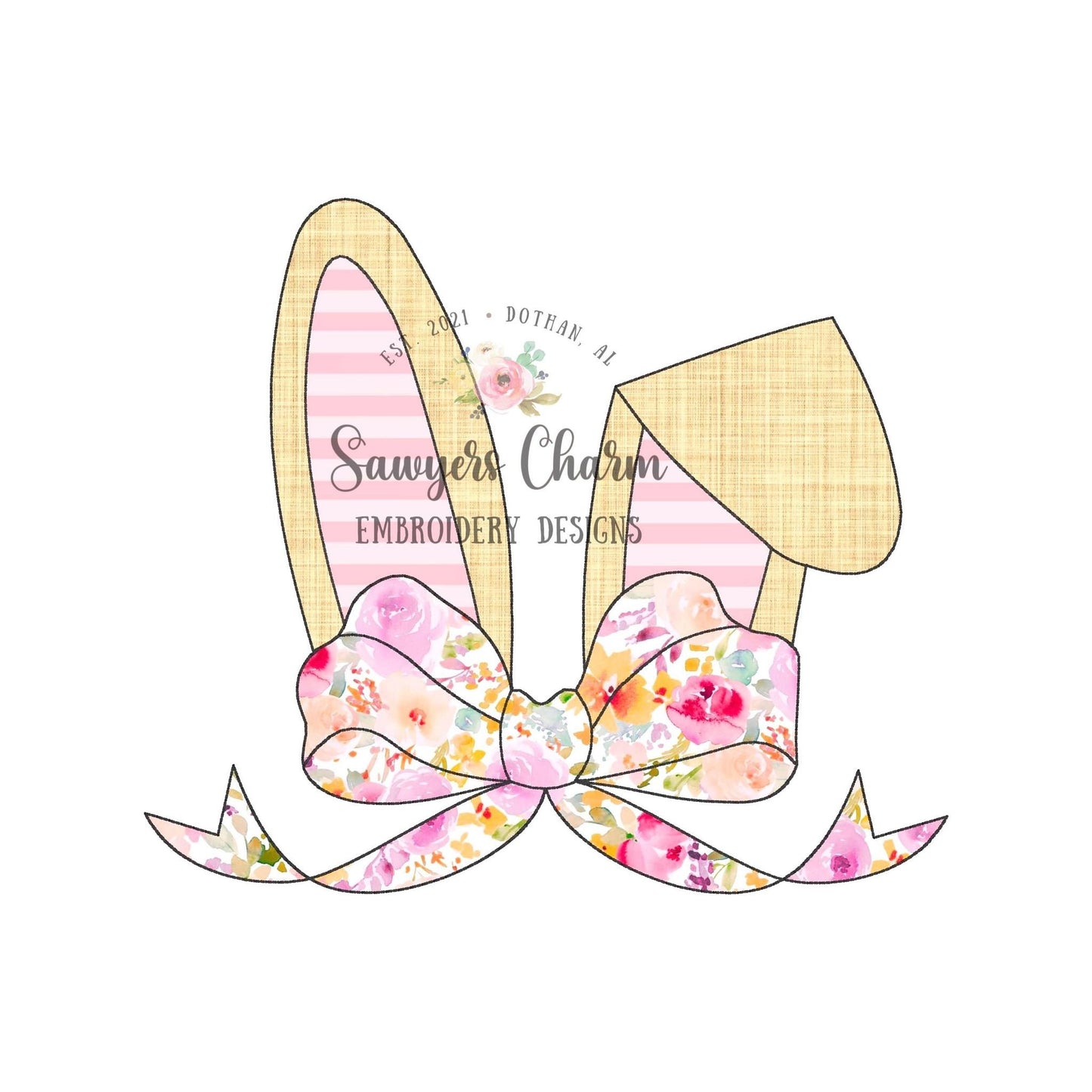 BUNDLE Easter bunny ears with bow bean & zigzag stitch applique, machine embroidery design file, quick stitch, rabbit, peter cottontail