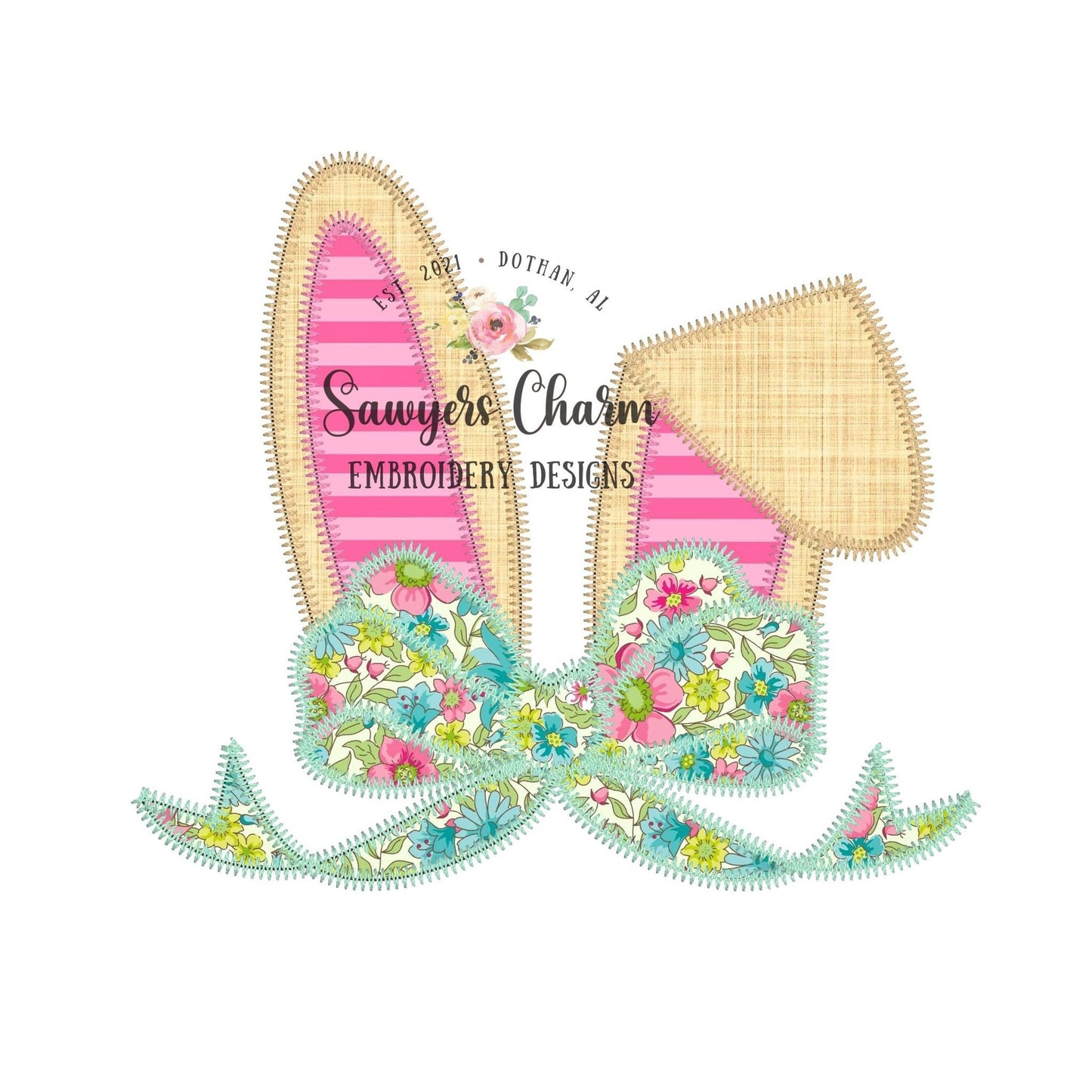 BUNDLE Easter bunny ears with bow bean & zigzag stitch applique, machine embroidery design file, quick stitch, rabbit, peter cottontail