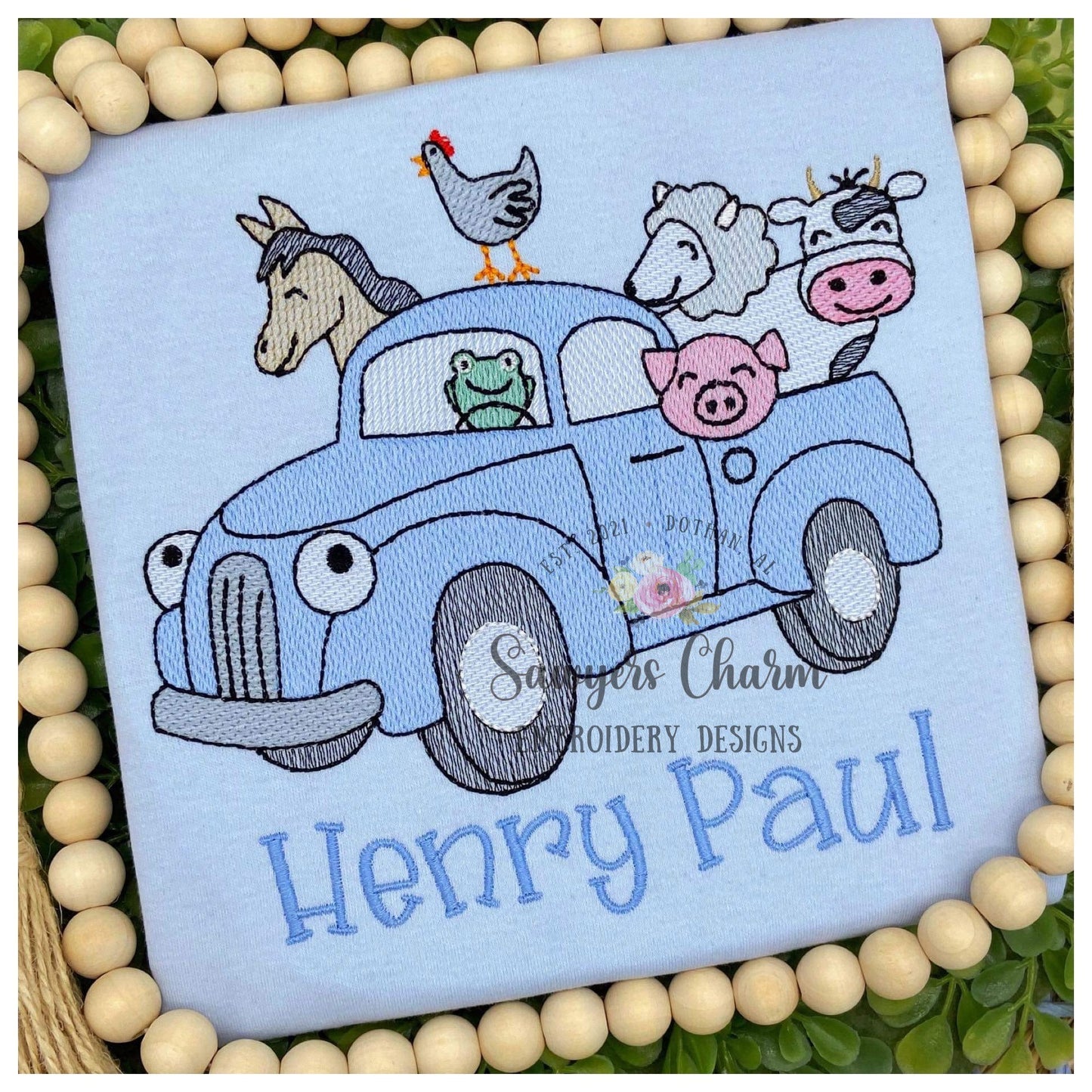 Blue truck with farm animals sketch stitch, machine embroidery design file, bean stitch, transportation, beep beep, oink baa moo, chicken
