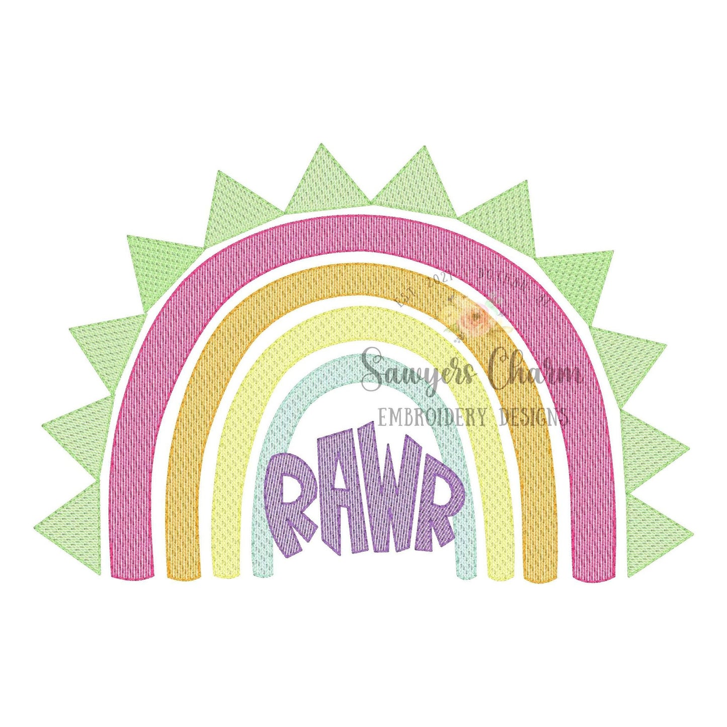 Dinosaur rainbow RAWR sketch stitch machine embroidery design file, quick stitch, light fill, bean stitch details, dino girl tropical