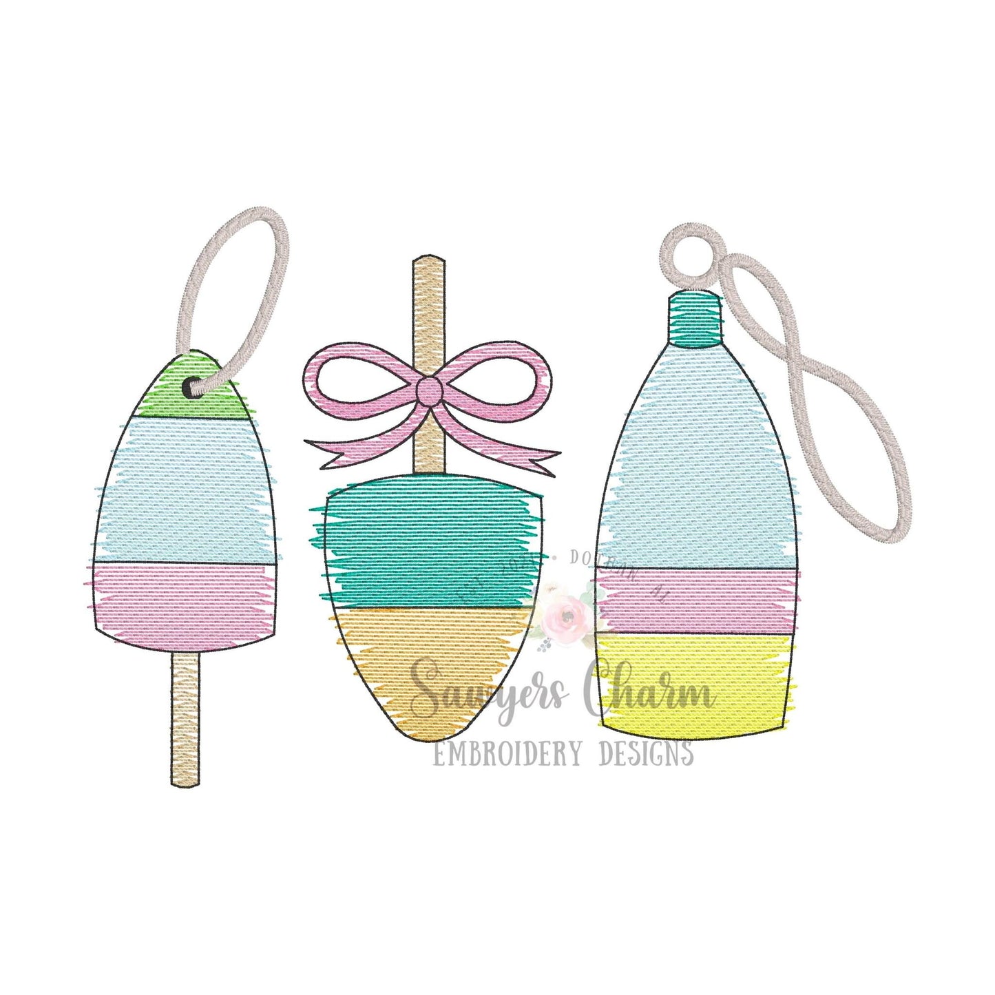 BUNDLE Lobster buoys with & without bow watercolor sketch stitch machine embroidery design file, bean stitch, fishing, nautical, ocean beach
