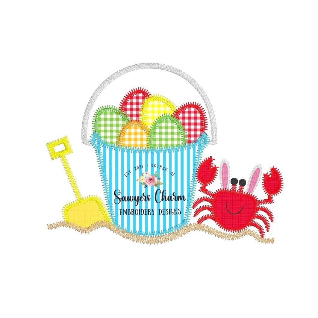 BUNDLE Easter egg sand pail beach crab with bunny ears satin & zigzag stitch applique machine embroidery design file, bucket, basket, shovel