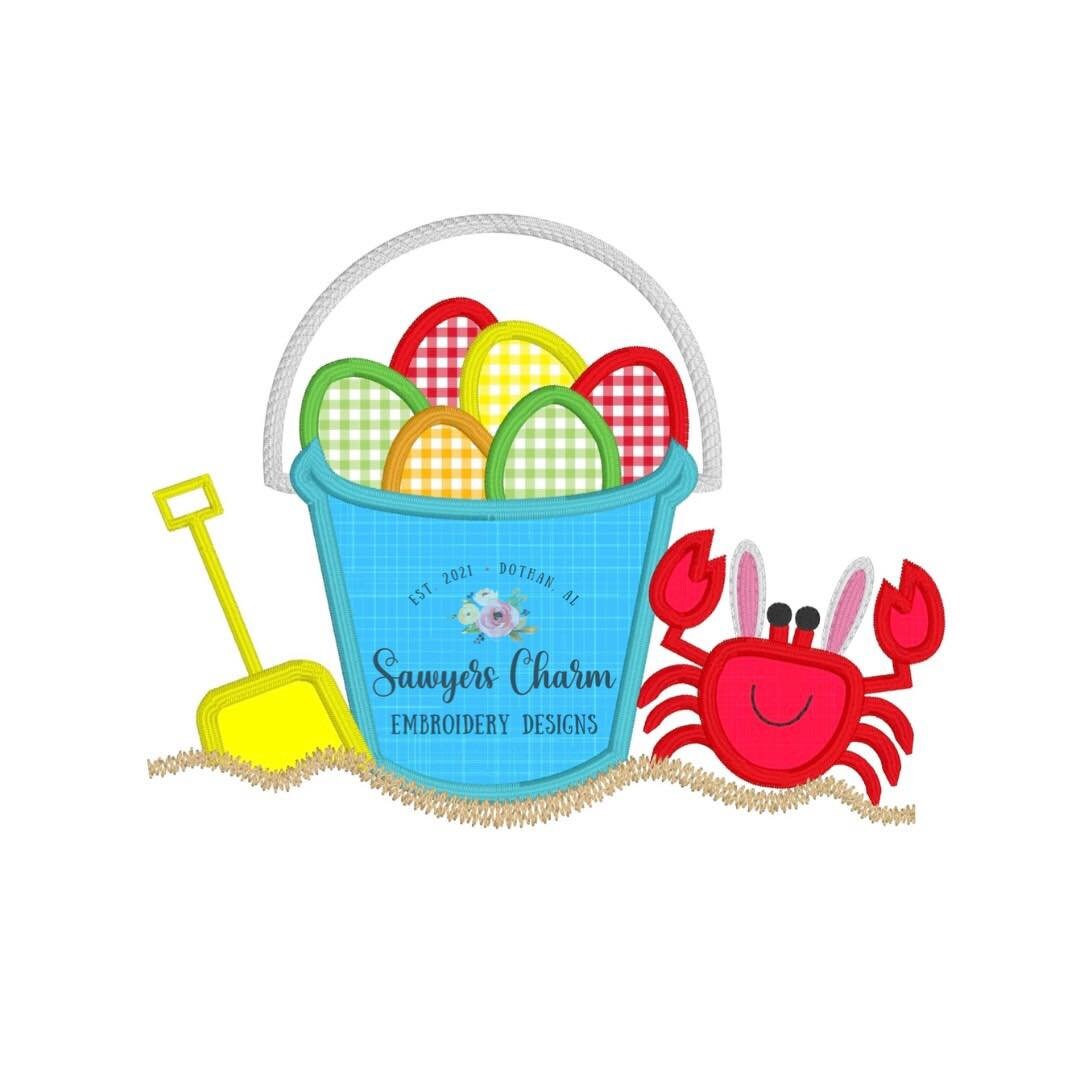 BUNDLE Easter egg sand pail beach crab with bunny ears satin & zigzag stitch applique machine embroidery design file, bucket, basket, shovel